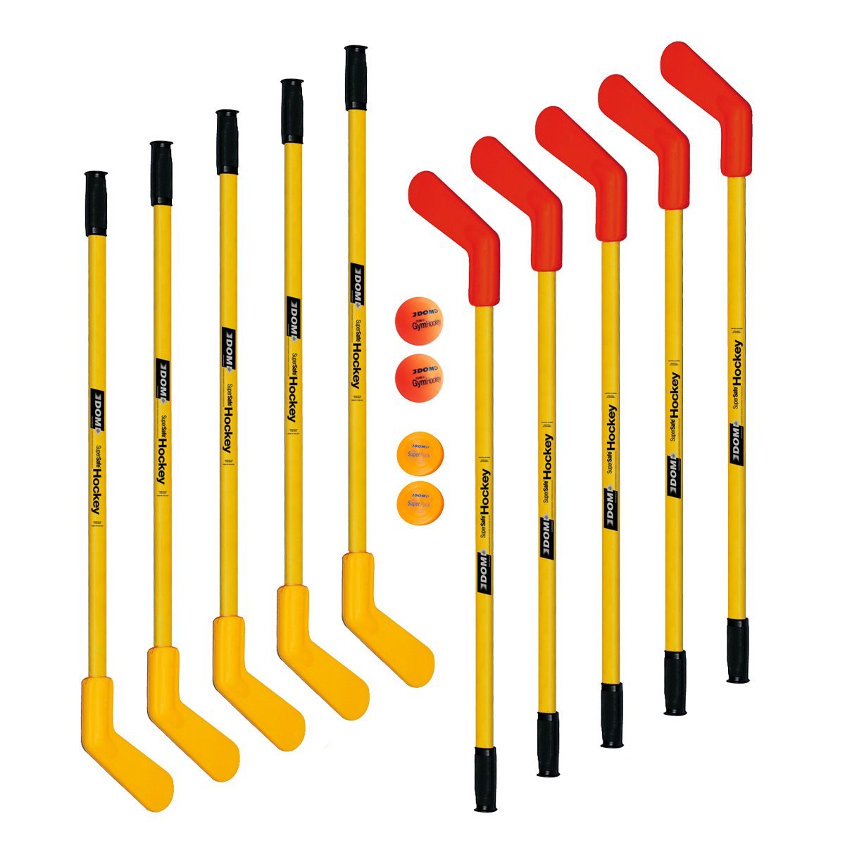 Ensemble de 10 bâtons de joueur de hockey de rue DOM Supersafe avec balles et rondelles